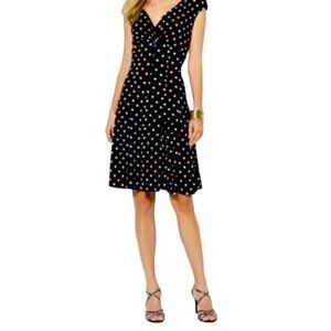 Lauren Ralph Lauren Black White Polka Dot Ruched Front Midi Dress Size 14